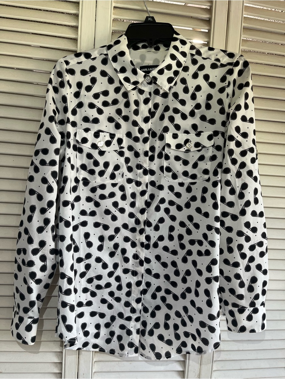 Karl Lagerfeld White Button-Down Shirt with Sunglass Print & Cuff Roll Up Button